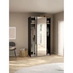 Hioshop Catania schuifdeurkast 2 deuren met spiegel 120x220cm mat zwart Clearance