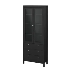 Hioshop Madrid vitrinekast 2 glazen deuren 3 laden zwart mat Outlet