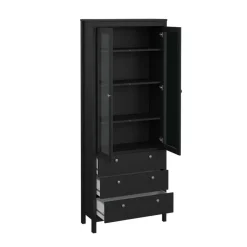 Hioshop Madrid vitrinekast 2 glazen deuren 3 laden zwart mat Outlet