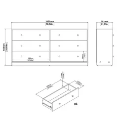 Hioshop Maria kommode breed met 6 lades- wit Outlet