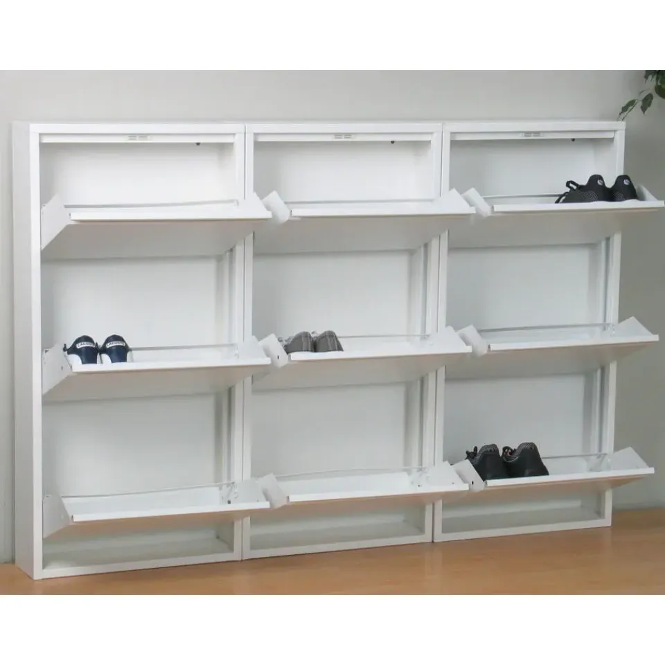 Hioshop Pisa schoenenkast wit metaal met 3 vakken - set van 3 Discount
