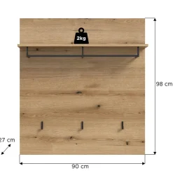 Hioshop Scout kapstok 3 haken 1 kledingstang 1 plank eik decor Discount