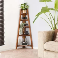 Dimehouse Hoekrek Jess mangohout 5 vakken - 44x64x148 cm - Mangohout - Bruin Clearance