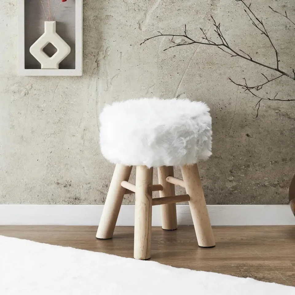 The Home Deco Factory Home Deco Factory Bijzet krukje Pluche - dennenhout - 28 x 40 cm Clearance