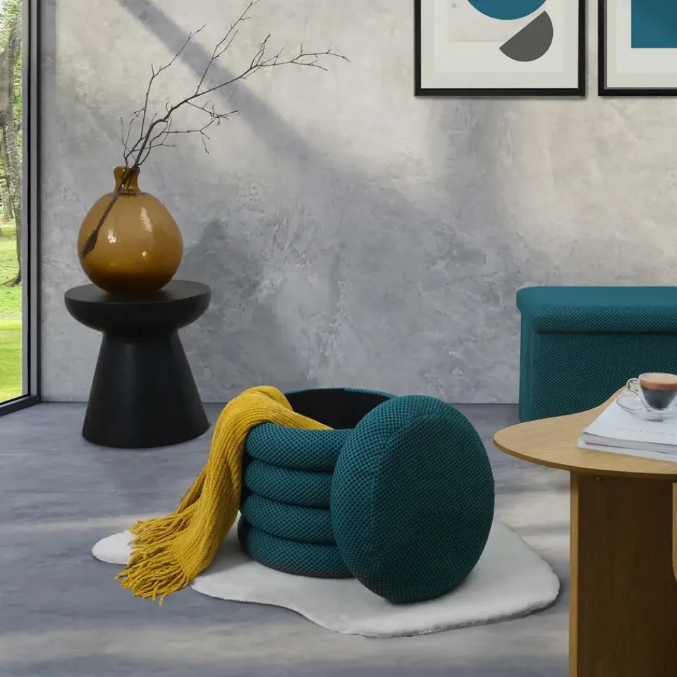 The Home Deco Factory Home Deco Factory Poef/krukje - boucle - petrol - D37 x H44 cm Online