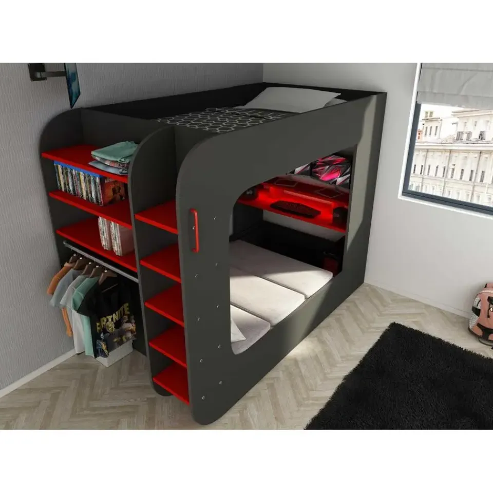 Trasman Hoogslaper Graham met gamebureau 120x200cm - antraciet/rood Discount