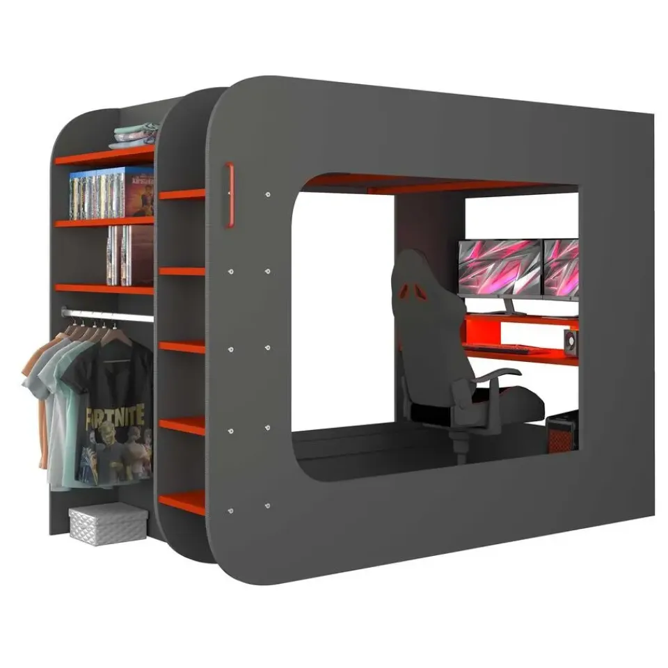 Trasman Hoogslaper Graham met gamebureau 120x200cm - antraciet/rood Discount