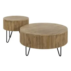Hoyz Collection - Salontafel Wave Rond - Massief Mango Zandkleur - Set van 2