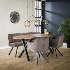 Dimehouse Industriële eetkamerbank Romy velvet 180 cm grijs - 190x180x81 cm - Stof - Grijs New