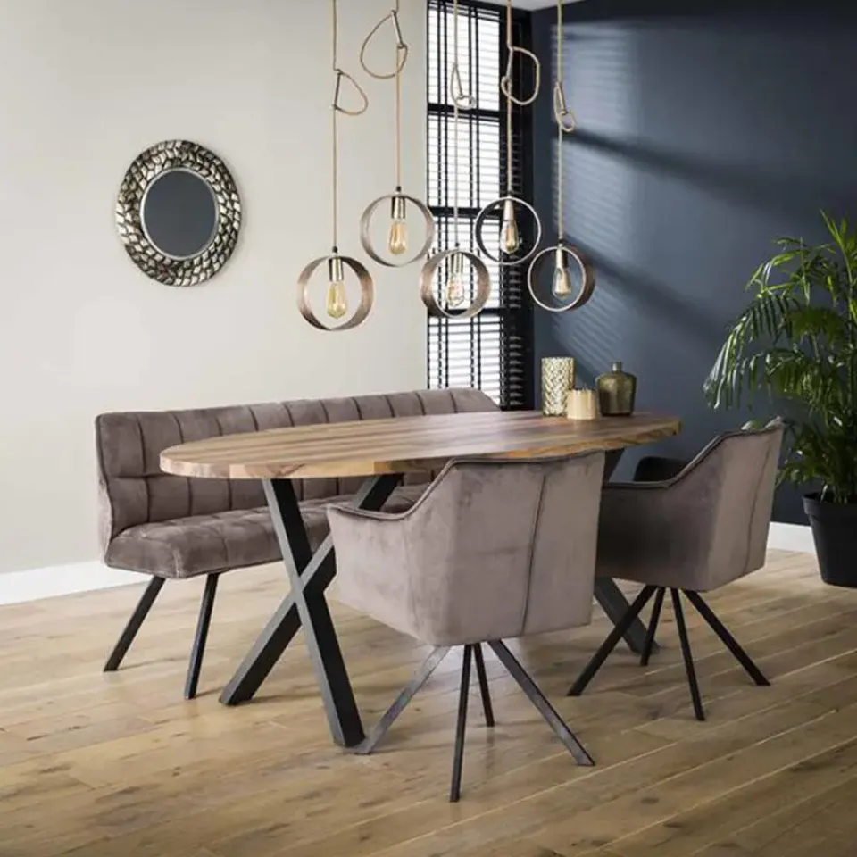 Dimehouse Industriële eetkamerbank Romy velvet 180 cm grijs - 190x180x81 cm - Stof - Grijs New