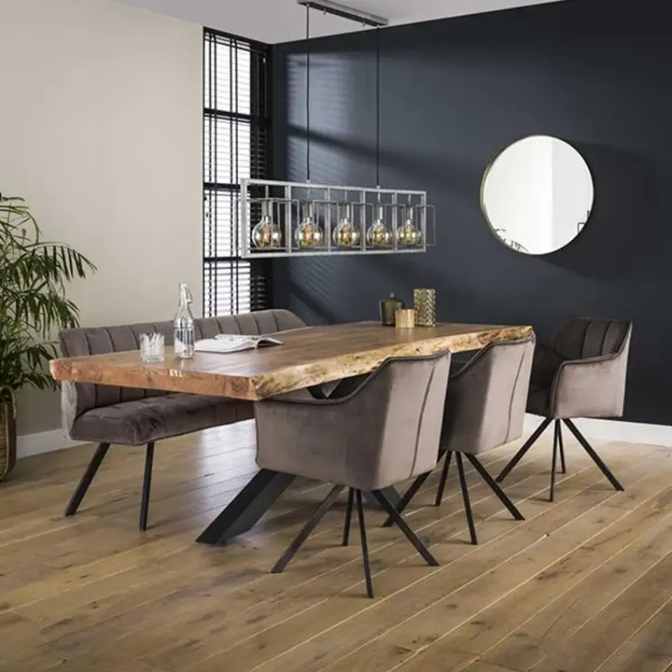 Dimehouse Industriële eetkamerbank Romy velvet 180 cm grijs - 190x180x81 cm - Stof - Grijs New