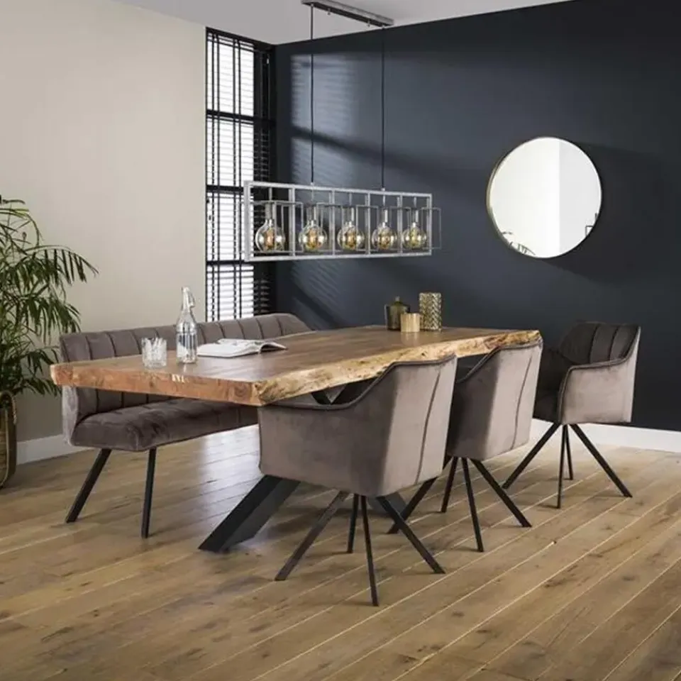 Dimehouse Industriële eetkamerbank Romy velvet 180 cm grijs - 190x180x81 cm - Stof - Grijs New