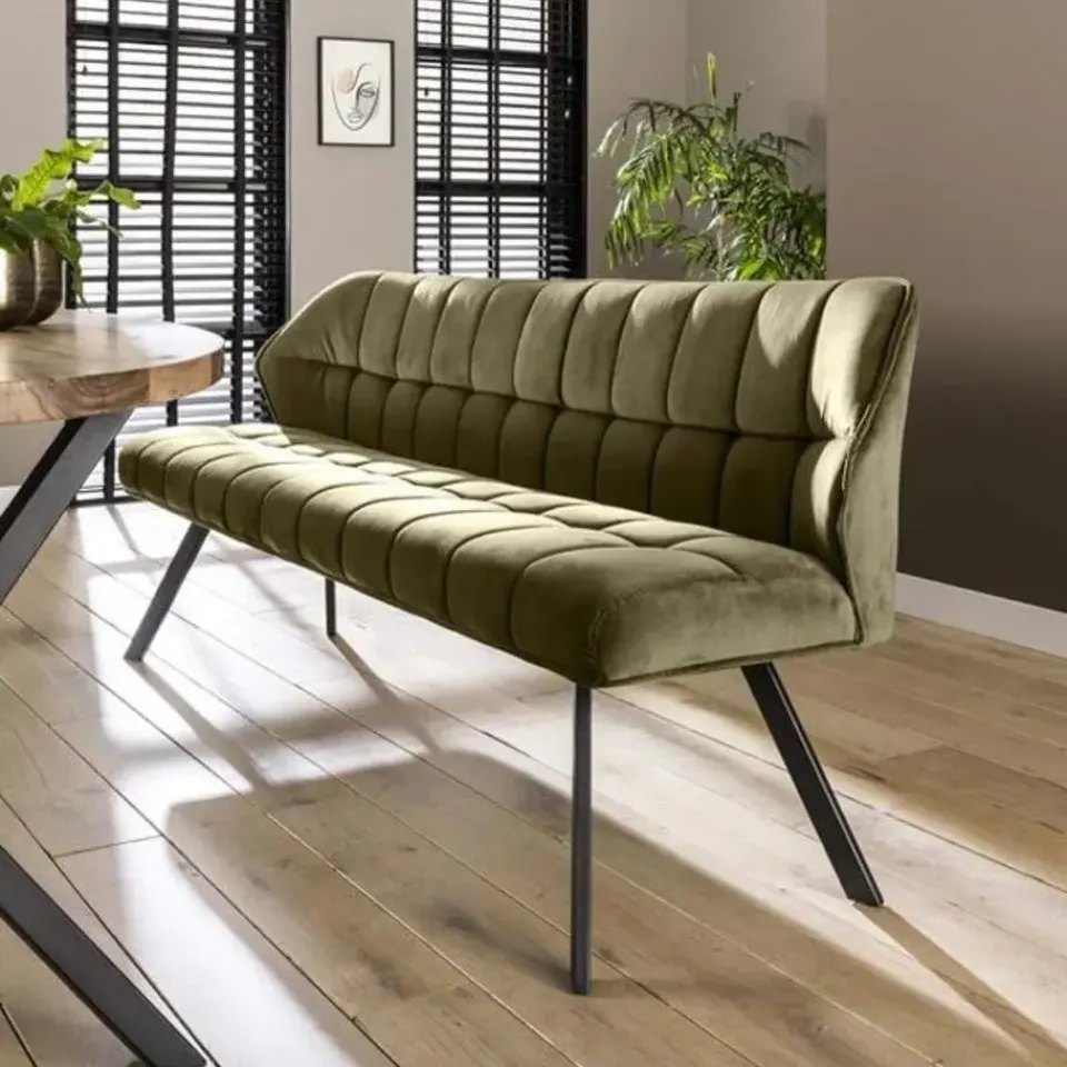 Dimehouse Industriële eetkamerbank Romy velvet 180 cm groen - 190x190x84 cm - Stof - Groen Outlet