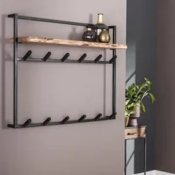 Dimehouse Industriële kapstok Naomi 12 haken acaciahout metaal 30x100x80 cm Hout Best