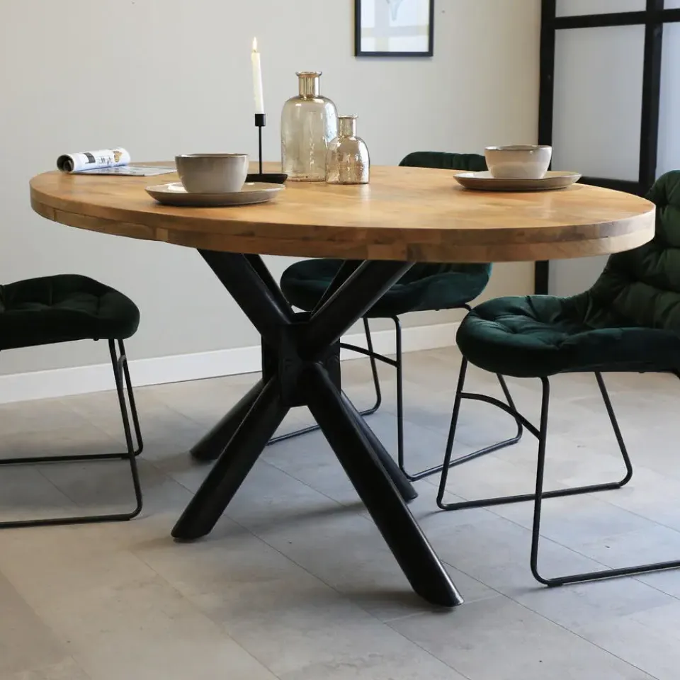 Dimehouse Industriële tafel ovaal Oregon mangohout 180x100 cm - Mangohout - Bruin Clearance