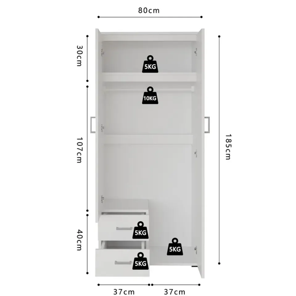 Interiax Kledingkast 'Lena' - Wit - 2 Deurs - 185x80x52cm Best