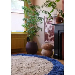 Interieur05 rond hoogpolig vloerkleed polyester Pilo beige/blauw - 240 x 240 cm Discount