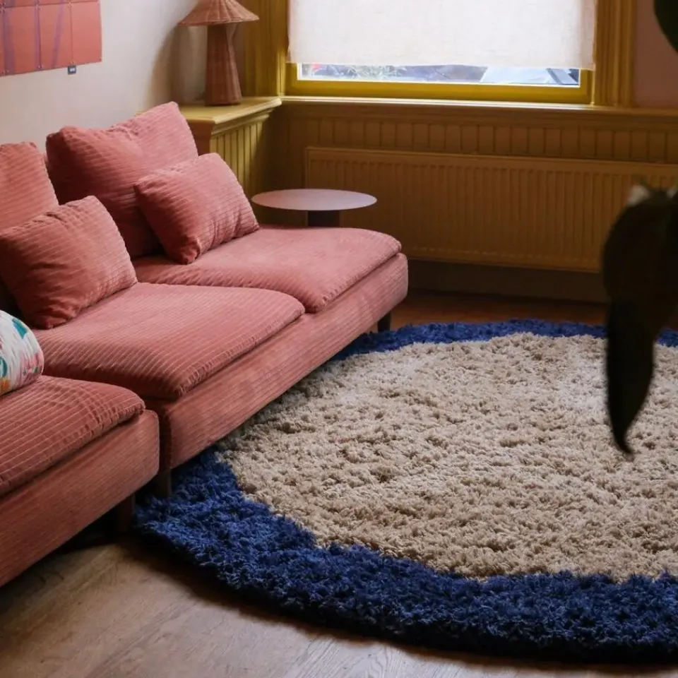 Interieur05 rond hoogpolig vloerkleed polyester Pilo beige/blauw - 240 x 240 cm Discount