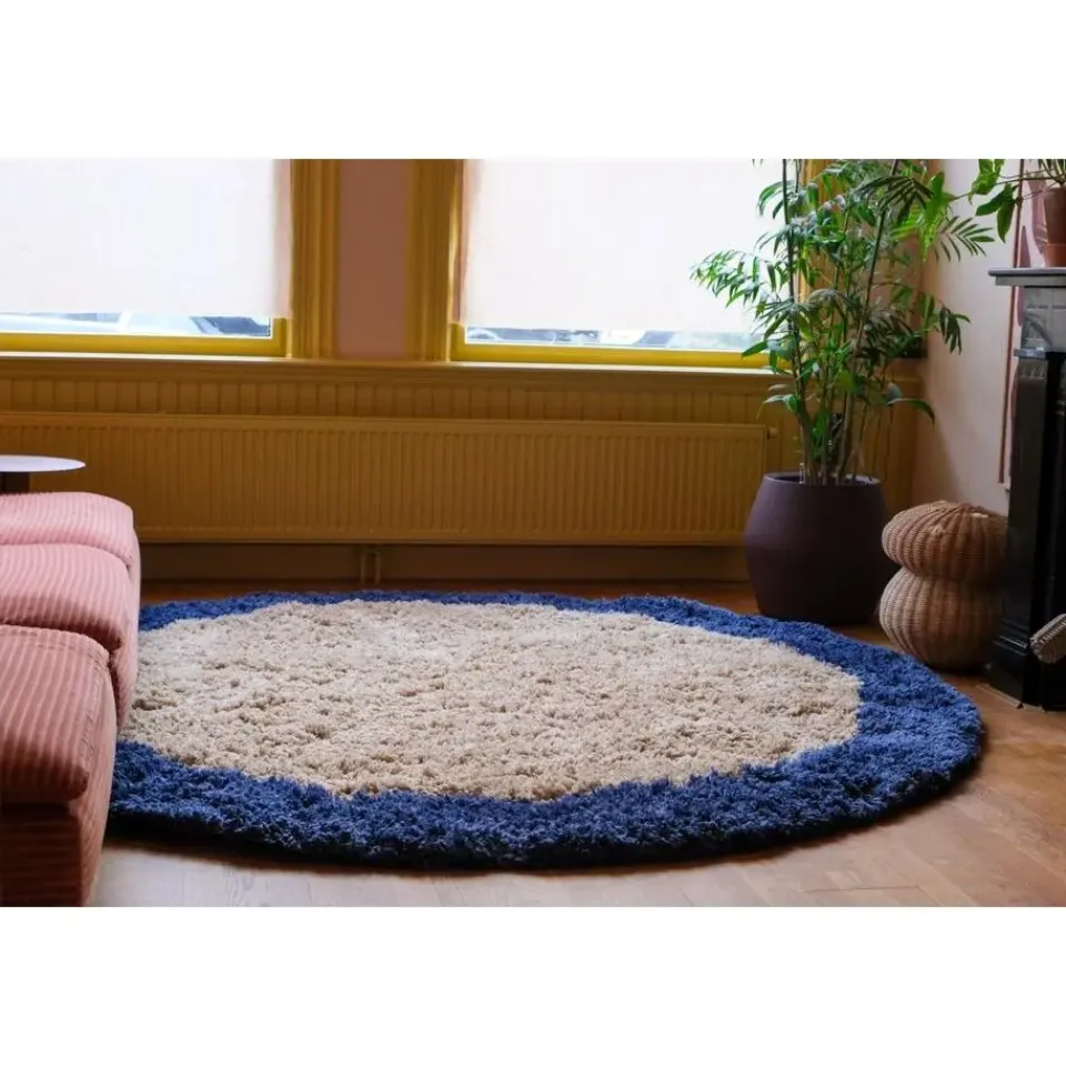 Interieur05 rond hoogpolig vloerkleed polyester Pilo beige/blauw - 240 x 240 cm Discount