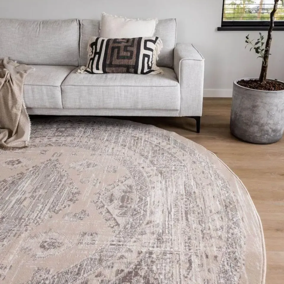 Interieur05 rond vintage Aila vloerkleed zand/beige - 120 x 120 cm Sale