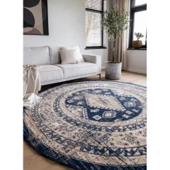 Interieur05 rond vintage vloerkleed Aila blauw - 160 x 160 cm Clearance