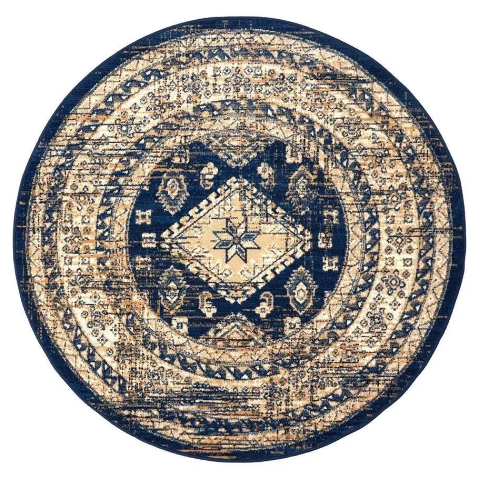 Interieur05 rond vintage vloerkleed Aila blauw - 120 x 120 cm New