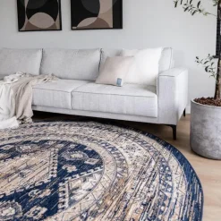 Interieur05 rond vintage vloerkleed Aila blauw - 120 x 120 cm New