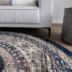 Interieur05 rond vintage vloerkleed Aila blauw - 120 x 120 cm New