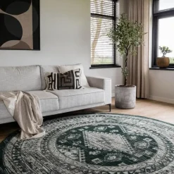 Interieur05 rond vintage vloerkleed Aila groen - 190 x 190 cm