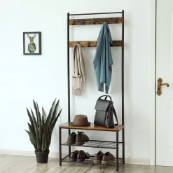 Merkloos Kapstok met 9 Haken en Schoenenrek - 70x32x175cm - Zwart en Vintage bruin