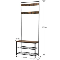 Merkloos Kapstok met 9 Haken en Schoenenrek - 70x32x175cm - Zwart en Vintage bruin