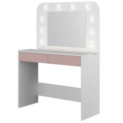 Trasman Kaptafel Holly met spiegel en verlichting 2 lades spaanplaat - wit/roze Clearance