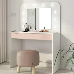 Trasman Kaptafel Holly met spiegel en verlichting 2 lades spaanplaat - wit/roze Clearance