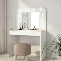 Trasman Kaptafel Holly met spiegel en verlichting 2 lades spaanplaat - wit Sale