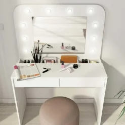 Trasman Kaptafel Holly met spiegel en verlichting 2 lades spaanplaat - wit Sale