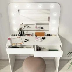 Trasman Kaptafel Holly met spiegel en verlichting 2 lades spaanplaat - wit Sale