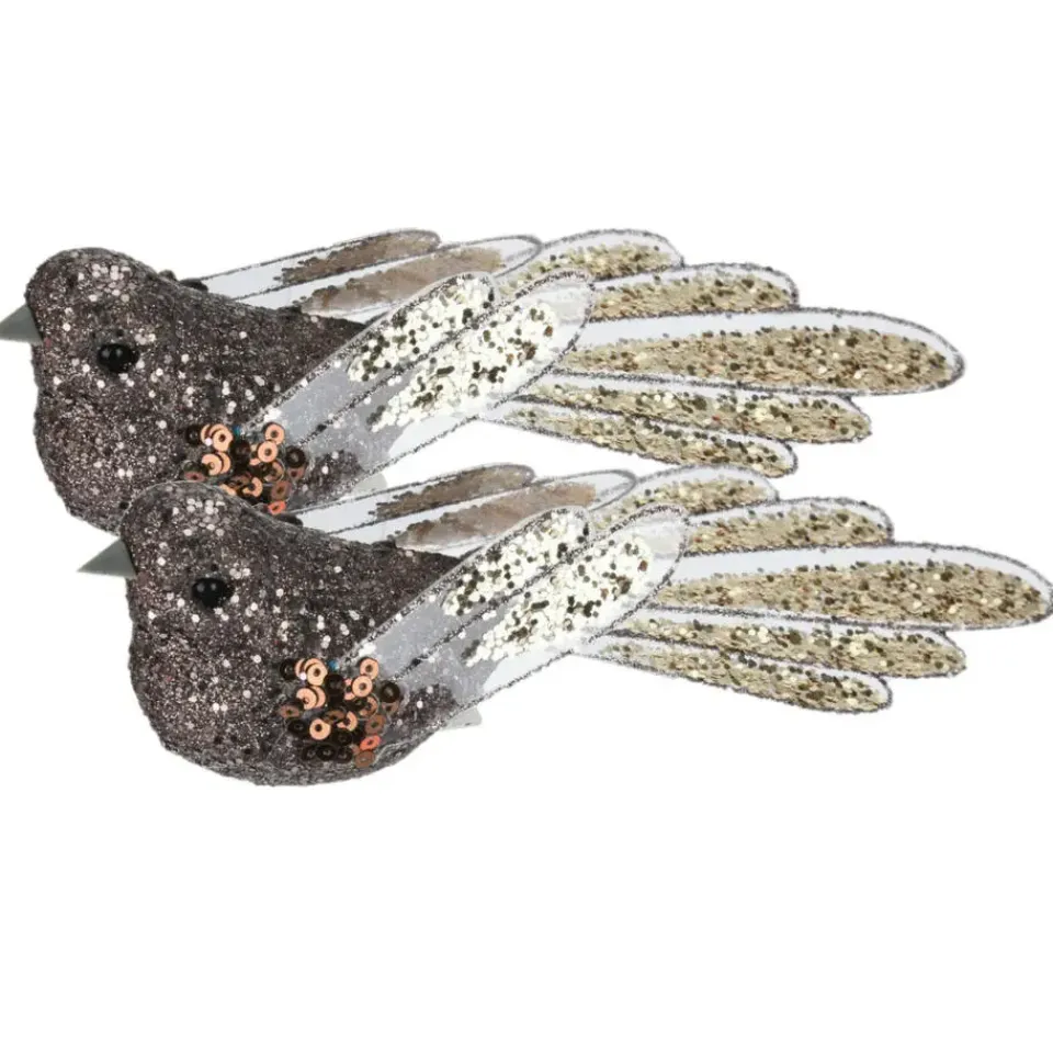 Merkloos Kerstboomversiering Vogel - 2x stuks - 10 cm - Bruin glitter