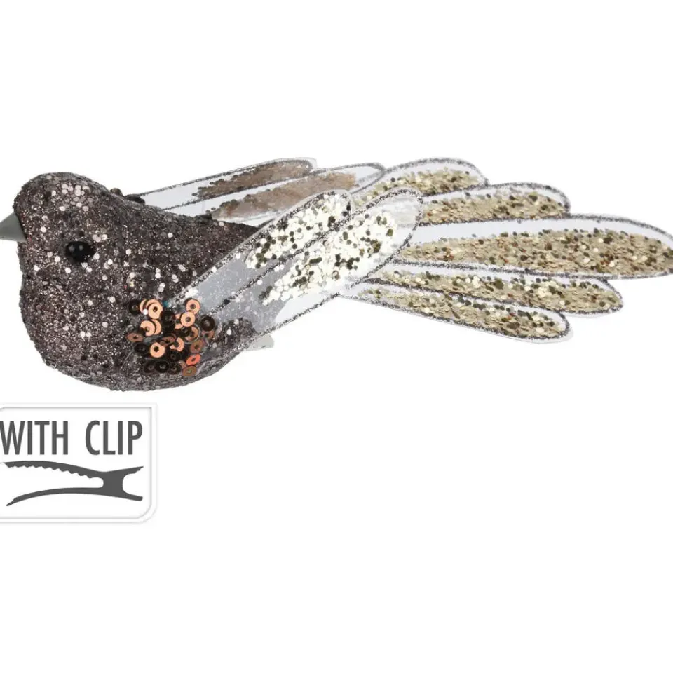 Merkloos Kerstboomversiering Vogel - 2x stuks - 10 cm - Bruin glitter