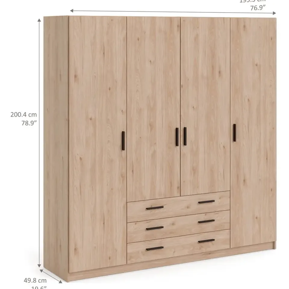 Leen Bakker Kledingkast Sprint 4-deurs - eikenkleur - 200x196x50 cm Discount