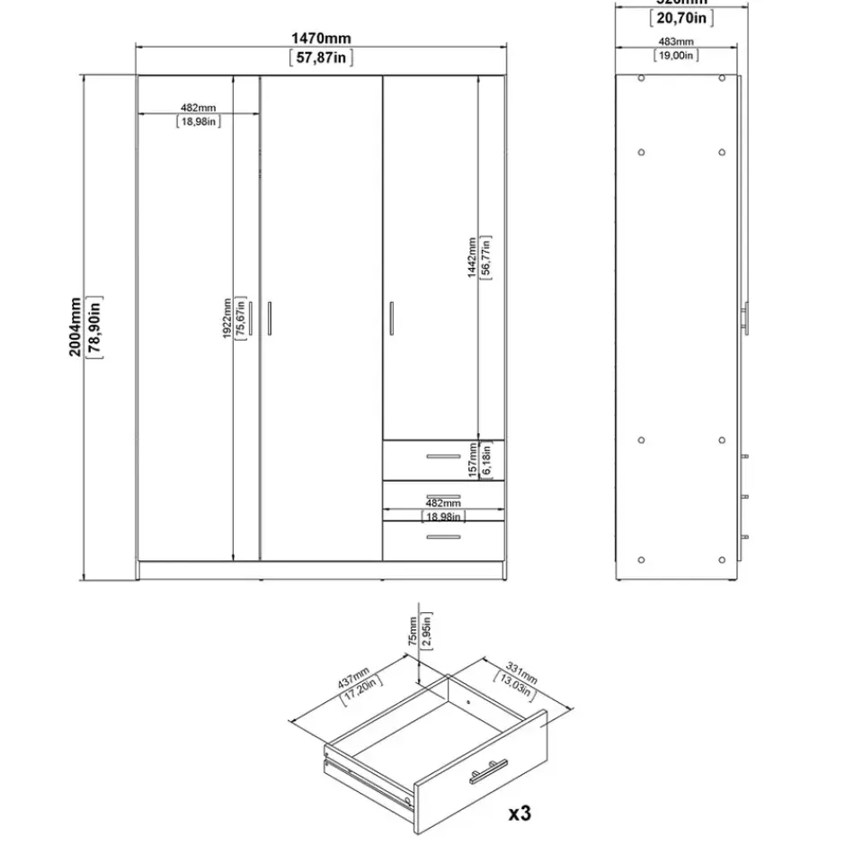 Leen Bakker Kledingkast Sprint 3-deurs - wit - 200x147x50 cm Hot