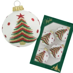 Krebs kerstballen - 4x stuks - wit met kerstboom - glas - 7 cm Clearance