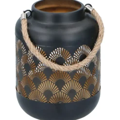 Merkloos Lantaarn - waaier print - zwart - metaal - windlicht - 17 cm Discount