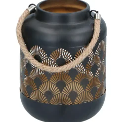 Merkloos Lantaarn - waaier print - zwart - metaal - windlicht - 17 cm Discount