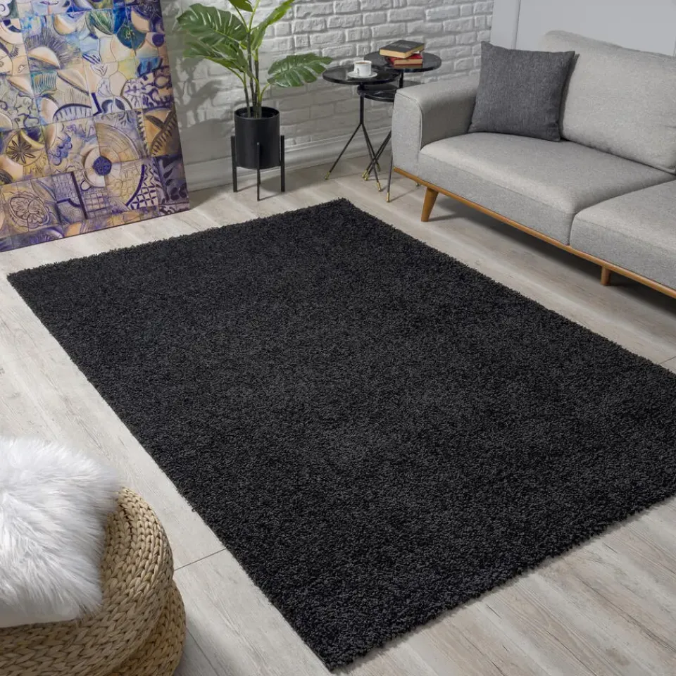 Muratap Loca Shaggy Vloerkleed – Modern Uni Effen – Zwart Hoogpolig & Zacht - 120x170 CM Best