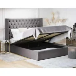Beliani LUBBON - Bed met opbergruimte - Grijs - 160 x 200 cm - Fluweel Online