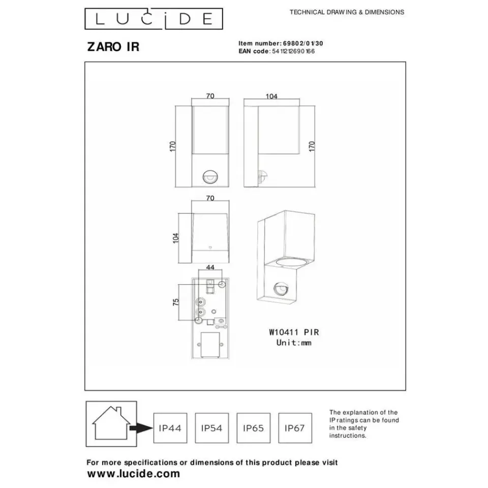 Lucide ZARO IR Wandspot - Zwart Hot
