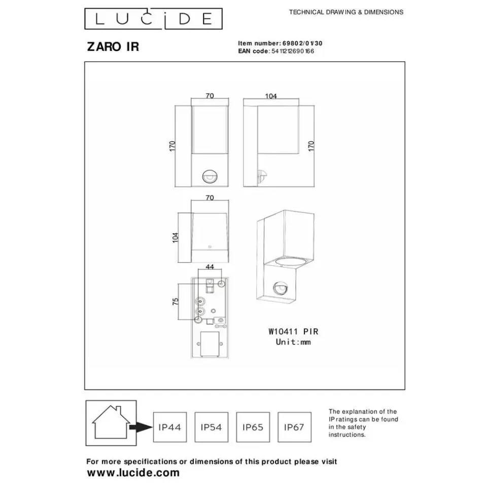 Lucide ZARO IR Wandspot - Zwart Hot