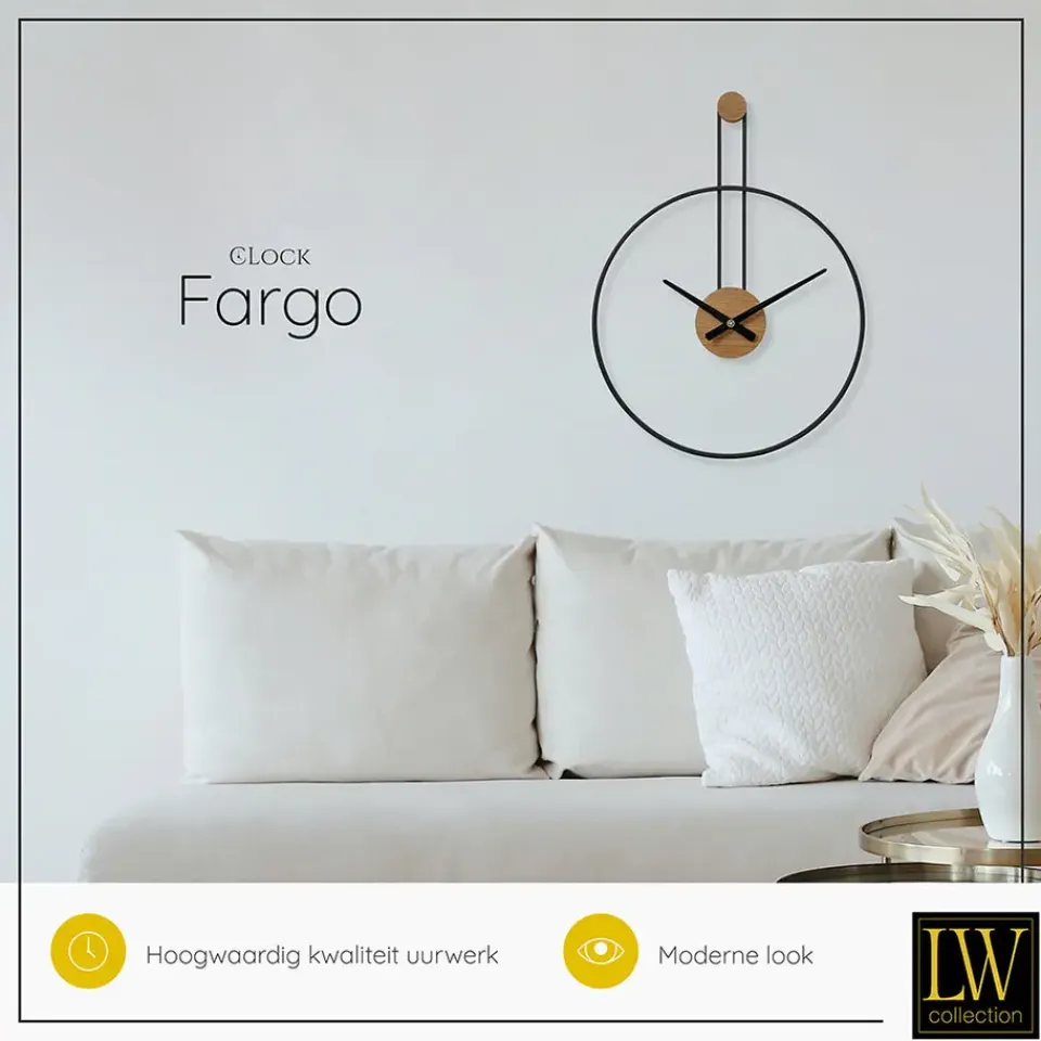 LW Collection Wandklok Fargo zwart 55cm Best