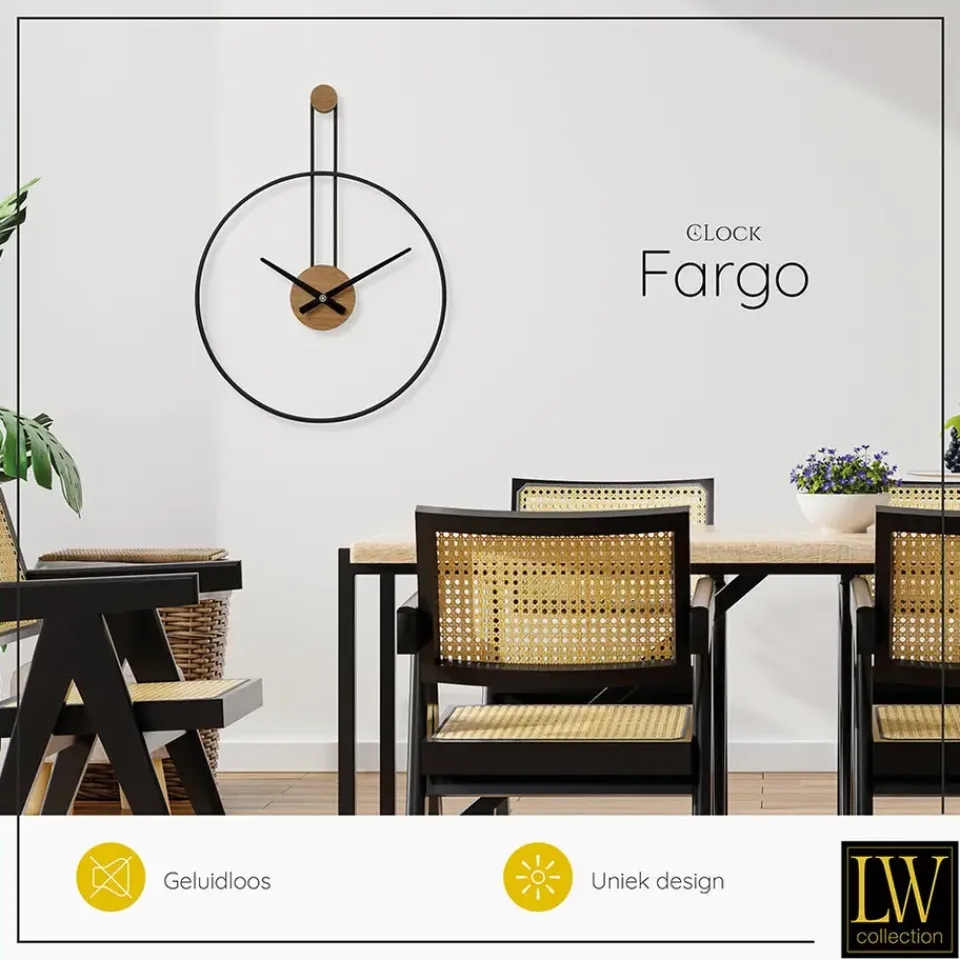 LW Collection Wandklok Fargo zwart 55cm Best
