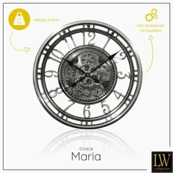 LW Collection Wandklok radar Maria zilver 54cm bewegende tandwielen New